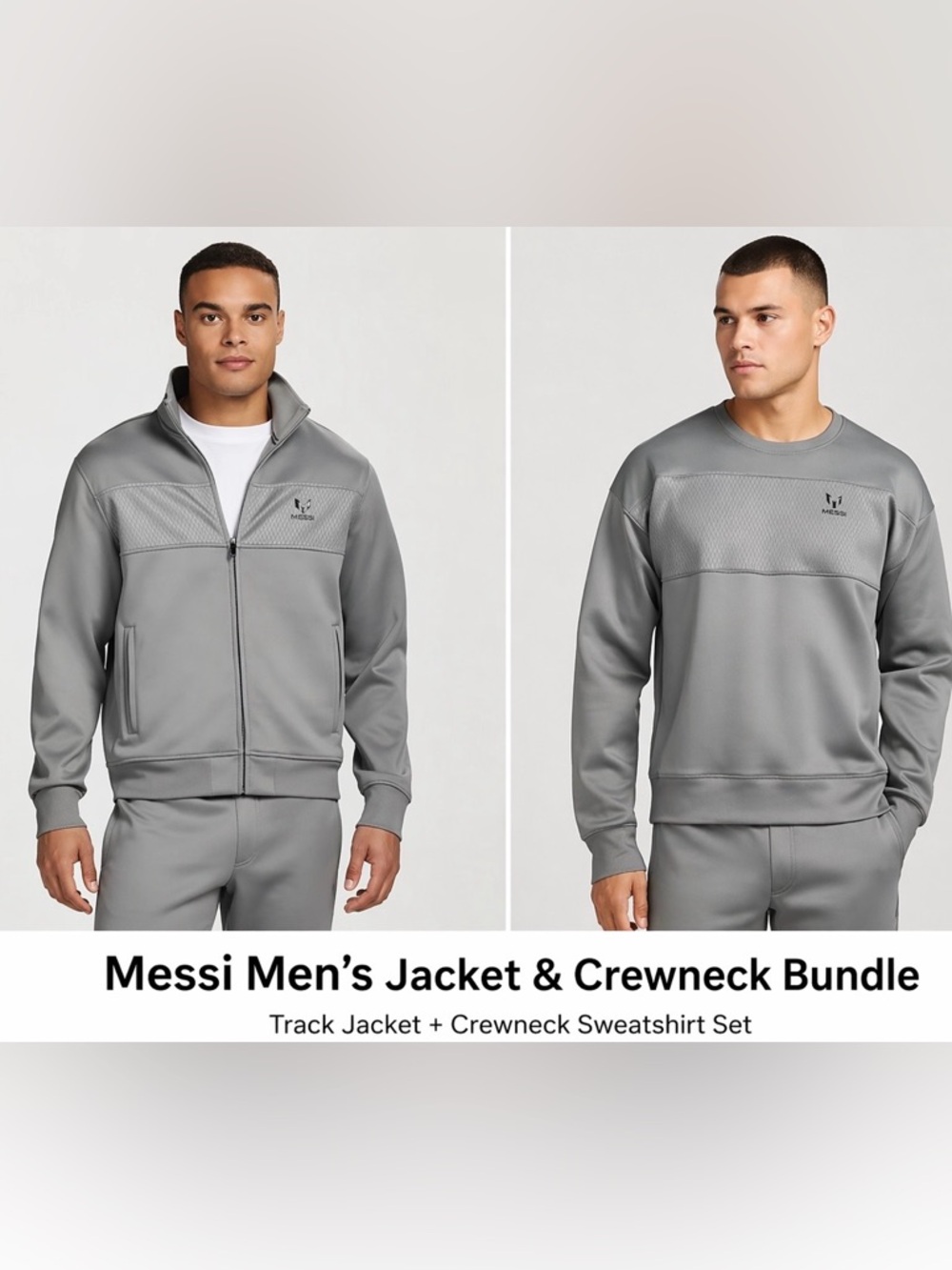 Messi Mens Track Jacket + Crewneck Sweatshirt Bundle L Athletic Set Gray